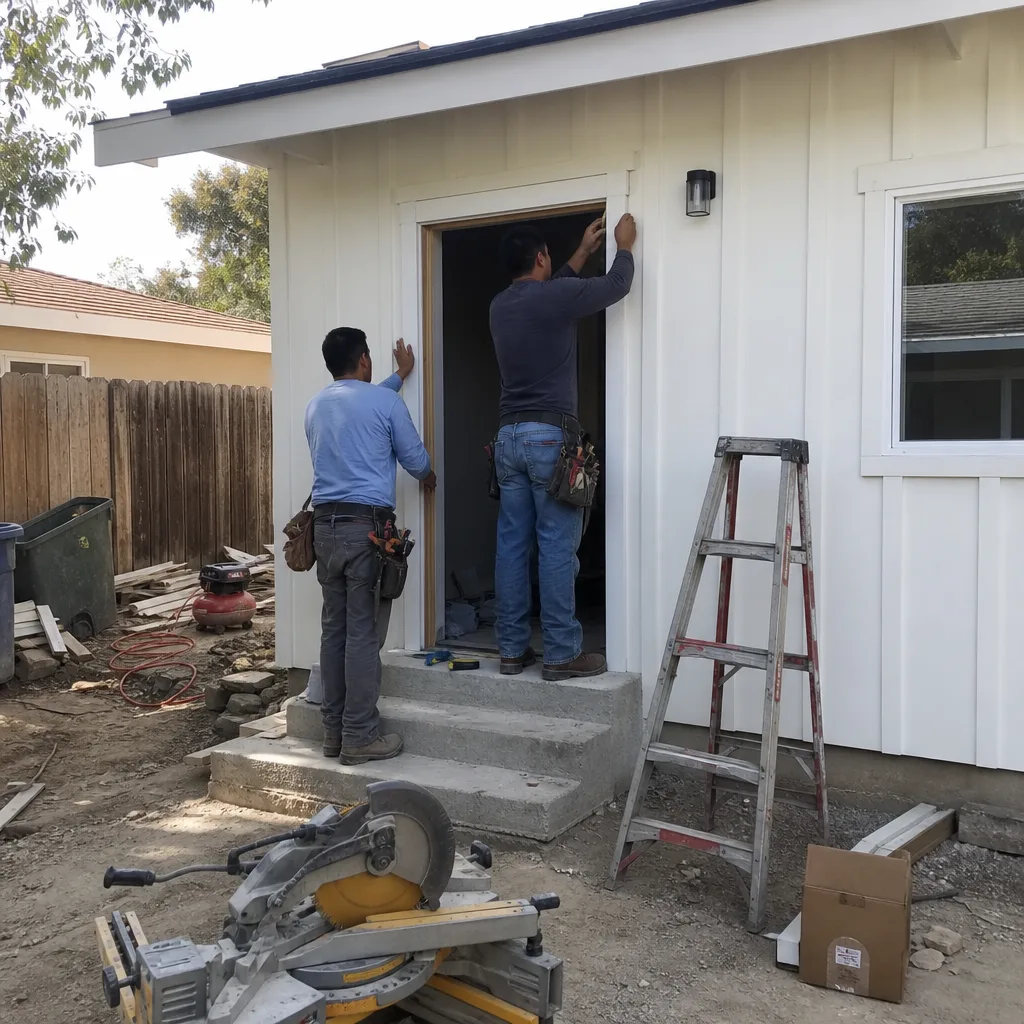 Two professional ADU builders installing a door frame on a house