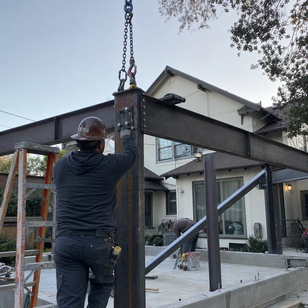 Construction worker installing steel structural beams for an accessory dwelling unit
