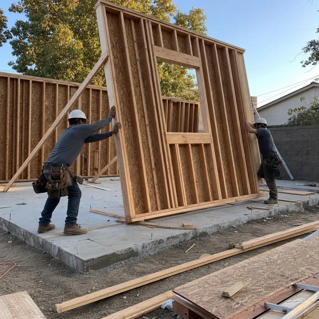 Two builders installing a prefabricated wood wall frame for an ADU construction.