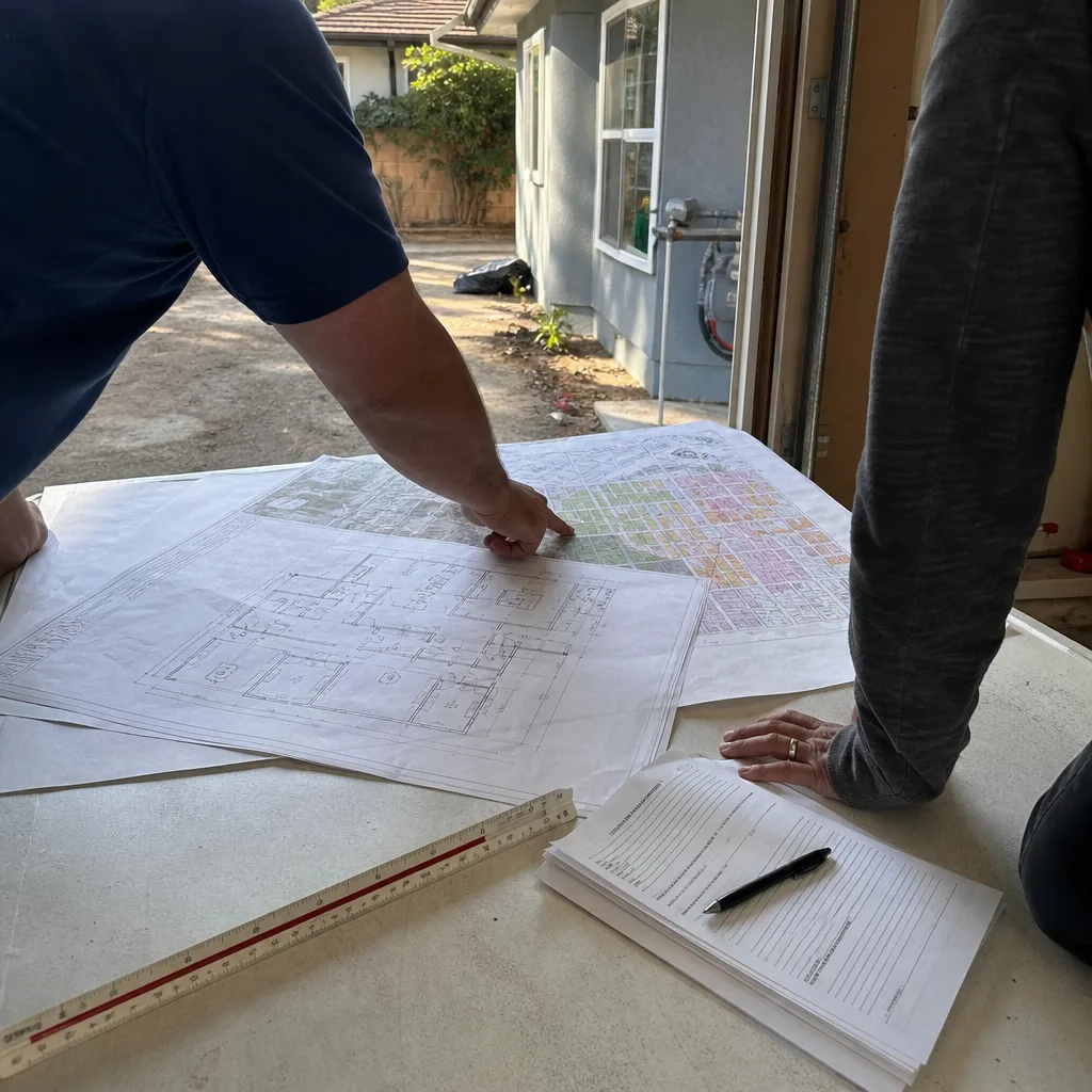 contractor and client reviewing construction plans for a room addition
