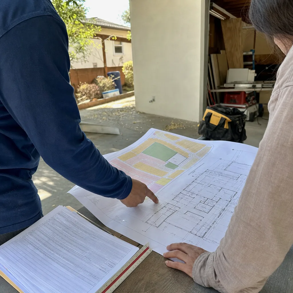 Contractor and client reviewing home construction blueprints for a room addition