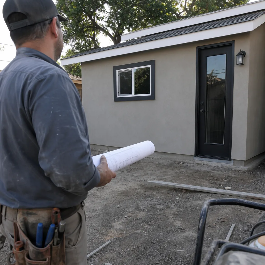 Contractor holding blueprints in front of a newly constructed accessory dwelling unit